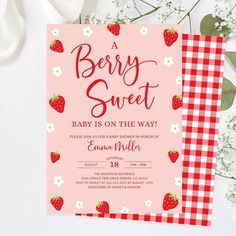 "This editable strawberry baby shower invitation is an instant download invite and can easily be edited by you using your computer, phone or tablet device. No physical items will be mailed to your house. Invitation size is 5\" x 7\" and features red strawberries and white blossoms with a pink background and an optional red and white gingham pattern backside. Invitation can easily be printed by you at home, on your color printer, emailed to your friends and family, or printed by any printing shop Baby Party Invitations, Printable Party Decorations, Strawberry Party, Baby Shower Invitaciones, Red Gingham