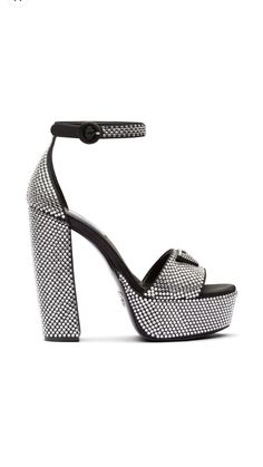 135mm crystal-studded platform sandals from PRADA featuring black, leather, enamel triangle logo, crystal embellishment, high block heel, open toe, buckle-fastening ankle strap, branded leather insole and satin finish. Brand Style ID: 1XP53BF1352AWL SIZE & FIT v Rubber Sandals, Platform Clogs, Platform Mary Janes, Triangle Logo, Footwear Design Women, Prada Shoes, Prada Men, Perfect Shoes, Platform Sandals