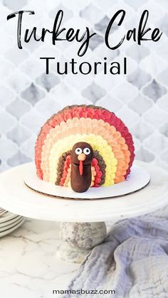 a turkey cake sitting on top of a white plate with the words turkey cake in front of it