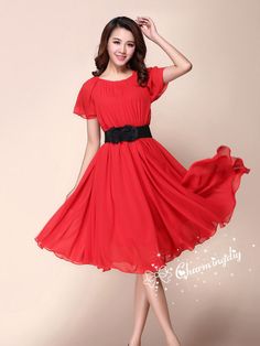 32 Colors Chiffon Red Short Sleeve Knee Skirt Party Evening Wedding Lightweight Dress Sundress Summer Bridesmaid Dress Skirt Summer Bridesmaids, Summer Cocktail Dress, Summer Bridesmaid Dresses, Knee Length Cocktail Dress, Beach Holiday Dresses, Sundress Summer, Knee Skirt, Red Bridesmaids, Cocktail Dress Wedding