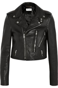 Saint Laurent | Leather biker jacket | NET-A-PORTER.COM Black Cropped Jacket, Black Motorcycle Jacket, Cropped Biker Jacket, Black Biker Jacket, Cropped Moto Jacket, Coats Black, Black Moto Jacket, Black Leather Biker Jacket, Fringe Leather Jacket