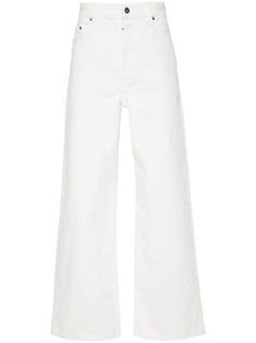 white cotton denim classic five pockets logo patch to the rear straight leg concealed fly and button fastening Classic White Cropped Leg Jeans, Classic White Cropped Jeans, White Standard Cut Leg Bottoms For Work, White Bottoms For Workwear With Standard Cut Leg, Standard Cut Leg White Bottoms For Work, Classic White Wide Leg Jeans, Classic White Jeans For Work, Allsaints Relaxed Fit Cotton Bottoms, Modern Cropped Cotton Jeans With Tapered Leg