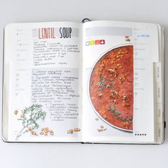 an open recipe book on a white surface with food in the middle and words above it