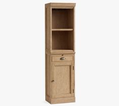 a tall wooden cabinet with two doors and one drawer on the bottom, against a white background