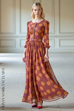 Olivia Mark - Elegant Rust Floral Midi Dress with Button Detail and Ruffled Sleeves Fitted Bohemian Maxi Dress With Buttons, Bohemian Fitted Maxi Dress With Buttons, Rich Burgundy, Exclusive Dress, Flowing Skirt, Ruffled Sleeves, Center Stage, Floral Midi Dress, Fitted Bodice