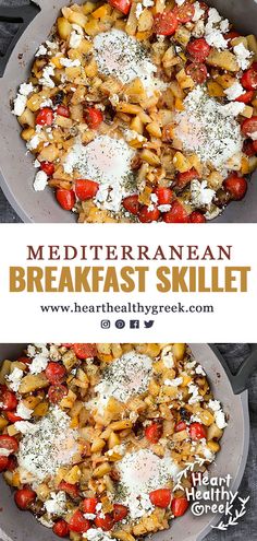 two pans filled with different types of food and the words mediterraneann breakfast skillet