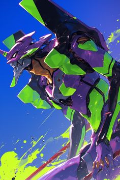 an animated image of a man with green and purple paint