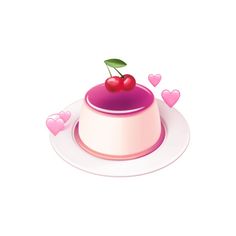 a pink cake with a cherry on top and hearts around the edges, sitting on a white plate