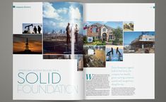 an open brochure with pictures of buildings and people on it, including the words solid foundation