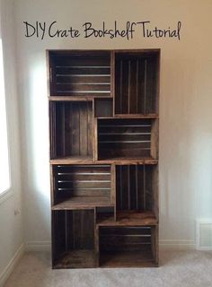 a bookcase made out of wooden crates with the words diy crate bookshelf