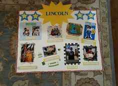 a bulletin board with pictures and stars on it's side, along with the words lincoln