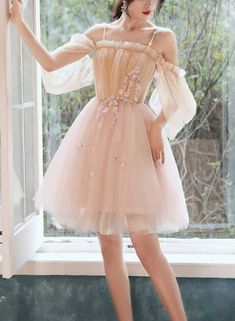 Cute Short Off Shoulder Tulle with Flowers Party Dress, Short Homecomi – Cutedressy Fantasy Fits, Champagne Homecoming Dresses, Off Shoulder Tulle, Prom Dress Tulle, Random Outfits, Short Homecoming Dresses, Mini Prom Dresses, Tulle Homecoming Dress, Dress Tulle