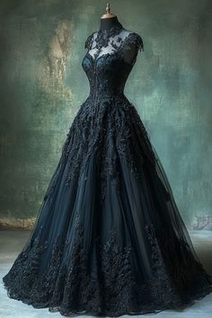 Fantasy Gowns Black, Fairytale Dress Black, Black Fantasy Dress, Cassie Nightingale, Gothic Ball Gown, Floral Ball Gown, Black Wedding Gowns, Beautiful Long Dresses, Corset Dress Prom