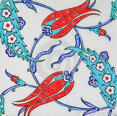 an artistic tile design with red and blue flowers on white ground, in the style of mexican art