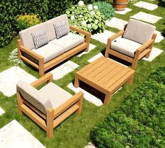 a set of wooden furniture sitting on top of a lush green field