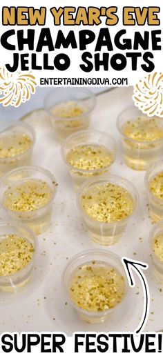 the new year's eve champagne jello shots are in plastic cups with gold sprinkles