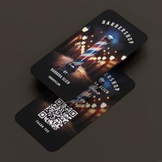 two black and white business cards with qr code printed on the front, one for barbershop