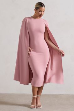 Rafaela | Blush Pink Bodycon Midi Dress With Cape Sleeves Pink Bodycon Midi Dress, Dress With Cape Sleeves, Graduation Attire, Dress With Cape, Pink Bodycon, Black Dress Prom, Black Tie Gala, Cape Sleeves, Bodycon Midi Dress