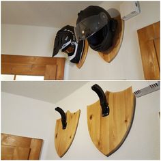 two pictures of helmets mounted to the wall, one with a helmet and another with a visor on it