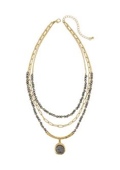 This exquisite necklace from Wonderly is a symphony of elegance and style. Crafted from brushed gold-tone metal, it features three delicate rows of beads that cascade gracefully around your neck. Whether you're dressing up for a special occasion or adding a touch of sophistication to your everyday look, this necklace is the perfect finishing touch. | Wonderly Gold Tone Layered 3 Row Beaded Necklace, 15 in Fine Jewellery Necklace, Gold Tone Metal, Everyday Look, The Row, Jewelry Necklace Pendant, Special Occasion, Gold Tones, Beaded Necklace, Fine Jewelry