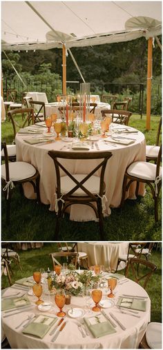 the table is set for an outdoor wedding reception