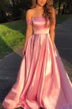 Pink Satin Evening Dress With Sweep Train, Pink A-line Evening Dress For Prom, Pink A-line Evening Dress With Sweep Train, Pink Satin Finish Evening Dress For Prom, Pink Off-shoulder Evening Dress For Prom, Pink Satin Prom Dress, Robes D'occasion, Pink Prom Dress, Pink Prom