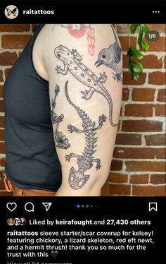 a person with a tattoo on their arm and the caption reads, i love lizards