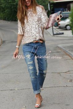 Such A Beauty Sequin Loose T-shirt – roschic Vestiti In Jeans, Look Boho Chic, Mode Boho, Party Kleidung, Style Party, Style Upgrade, Mode Inspiration, Looks Style, Fit Style