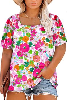 Multicolor Plus Size Square Neck Ruched Shoulder Short Sleeve Top Casual Ruched Multicolor Tops, Casual Multicolor Ruched Top, Multicolor Ruched Tops For Summer, Multicolor Ruched Tops For Vacation, Leopard Satin Dress, Spaghetti Strap Maxi Dress, Square Neck Top, Twist Knot, Chic Top