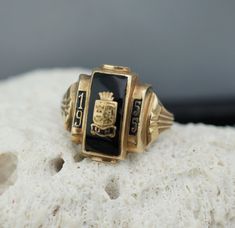 Vintage Art Deco Jewelry Bastian 10k Yellow Gold 1955 Black Onyx Stone Signet Size 11 Art Deco Modernist by VintageEstate86 on Etsy Black Enamel Rings For Anniversary, Antique Yellow Gold Signet Ring With Black Enamel, Black 14k Gold Engraved Jewelry, Engraved Black 14k Gold Jewelry, Engraved 14k Black Gold Jewelry, Engraved Black Enamel Jewelry, Vintage Black Enamel Jewelry, Black Vintage Enamel Jewelry, Vintage Gold Signet Ring With Black Enamel