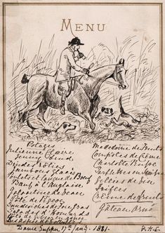 an old drawing of a man riding a horse