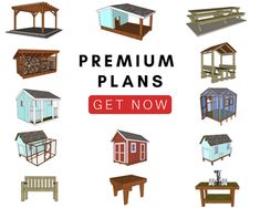 various types of wooden buildings and benches with the words premium plans get now