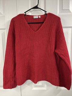 habitat size M/L Red Cotton knit, V-neck sweater, long sleeves. Length is 22 inches, armpit to armpit is 23 inches, shoulder to shoulder is 19 inches. V Neck Knit Sweater, Fall Wardrobe, Cotton Knit, V Neck Sweater, Colorful Sweaters, Vneck Sweater, Habitat, Knitted Sweaters, Long Sleeves