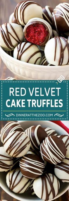 chocolate covered red velvet cake truffles are stacked on a white platter and the words, red velvet cake truffles