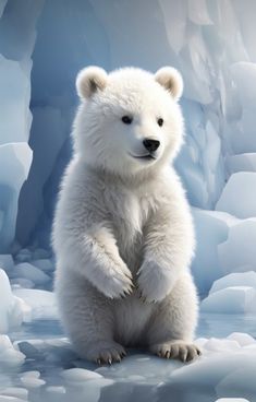 a polar bear standing on its hind legs in front of icebergs and snow