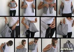 a collage of photos showing how to fold a bag