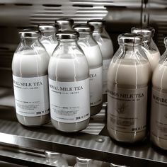 six bottles of milk sitting on top of a shelf