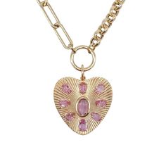 Vintage La Rose 14K Pink Shining Heart Pendant 14K Gold Pink Sapphires 1.25" Drop from Bail Heart-shaped Rose Gold Charm Jewelry, Heart-shaped 17 Jewels Jewelry For Valentine's Day, Heart-shaped Jewelry With 17 Jewels For Valentine's Day, Valentine's Day Heart Jewelry With 17 Jewels, Rose Gold Heart-shaped Jewelry Stamped 14k, Rose Gold Heart Cut Tarnish Resistant Necklace, Luxury Pink Heart Pendant Jewelry, Rose Gold Tarnish Resistant Heart Cut Necklace, Valentine's Day Heart Cut Necklace With 17 Jewels