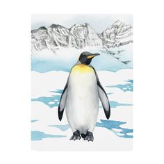 a painting of a penguin standing in the snow with mountains in the backgroud