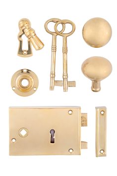 an assortment of door handles and knobs with keyed alike locks on white background