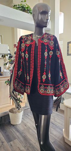 Embroidery Palestinian Jordanian Black base Jacket with Red Tatreez from font, Back & sleeves (Long embroidered Open Sleeves) Basic information: high quality Arab embroidered Jacket black base Jacket with red tatreez Condition : NEW Price : 95$ Size : 2 (Fits small Size) Bust: 42" Inches (Round) Sleeves Length: 23" Inches Shoulders: 16" Inches Jacket Length: 26.5" Inches Shipping : Free with USPS Priority Mail Shipping - No Returns & Exchange Accepted please review all photos along with reading this description , and If you have an issue with an item we can always talk and make sure your are satisfied. this is a beautiful lovely traditional item new handmade piece ,it is unavoidable . and satisfactory to use. this attractive piece related to Arabs women when they usually have normal day ou Western Formal, Embroidery Jacket, Open Sleeves, Textile Prints Design, Prints Design, Open Sleeve, Pattern Sewing, Arab Women, Embroidered Jacket