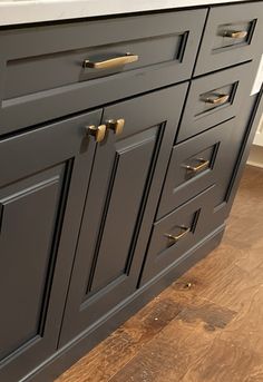 an image of a kitchen setting with wood flooring and gray cabinetry in the background