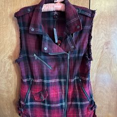 Brand New With Tags Women’s Plaid Vest From Hot Topic. Reds, Burgundy, And Black Plaid With Zippers And Snaps Accents. Rainbow Plaid Vest, Buffalo Plaid Vests, Plaid Plus Size Sweater Vest, Red Buffalo Plaid Vest, Plaid Button-up Top With Welt Pockets, Plaid Vest, Black Plaid, Womens Plaid, Hot Topic