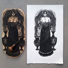 two pieces of paper with artwork on them