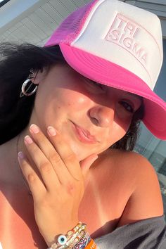 Product Details Cobra Cap Truck 5 Hat Color: White/Neon Pink Cool Sorority Merch, Sorority Hats, Hats Trendy, Sigma Sigma Sigma, Sigma Delta Tau, Alpha Omicron Pi, Pi Beta Phi, University Tees, Sorority Sisters