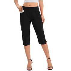 Capri Pants For Women Dressy Casual Elastic Waist Athletic Works Capris Lightweight, durable and breathable fabric for comfortable wear Non-stretch Capri Bottoms With Pockets, Black Knee-length Capris For Summer, Casual Stretch Capri Length Shorts, Fitted Knee-length Capris With Pockets, Stretch Bermuda Shorts With Elastic Waistband, Stretch Capris With Pockets For Summer, Stretch Yoga Pants With Pockets For Spring, Summer Stretch Capris With Pockets, Stretch Knee-length Pants With Elastic Waistband