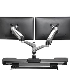 two monitors sitting on top of each other with their arms extended to the same desk