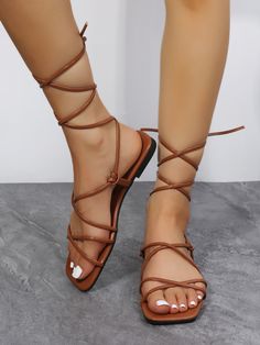 Brown Vacation Collar   Plain Strappy Embellished   Women Shoes Dress Quotes, High Gladiator Sandals, Strap Sandals Heels, Shein Finds, Strappy Flats, Ankle Strap Sandals Heels