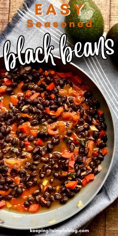 black beans and avocado in a skillet with text overlay