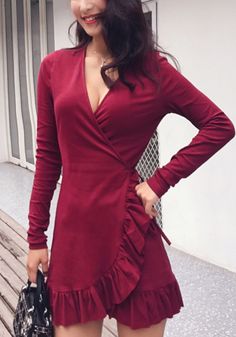 Fitted Long Sleeve Wrap Dress For Date Night, Chic Burgundy V-neck Mini Dress, Fitted Knee-length Wrap Dress For Fall, Elegant Faux Wrap Mini Dress For Party, Elegant Fitted Mini Wrap Dress, Elegant Solid Color Wrap Dress For Party, Elegant Fitted Mini Length Wrap Dress, Elegant Fall Wrap Dress For Date Night, Elegant Solid Color Party Wrap Dress